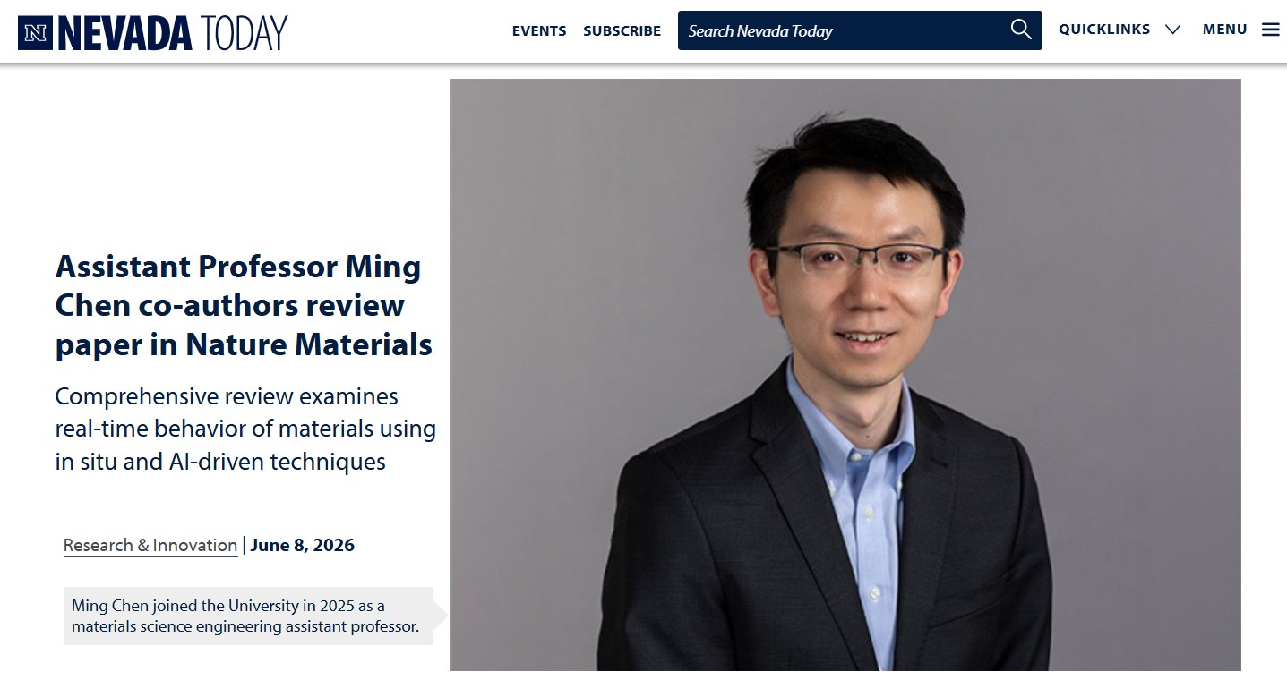 Nevada Today feature about Ming Chen co-authoring a review paper in Nature Materials