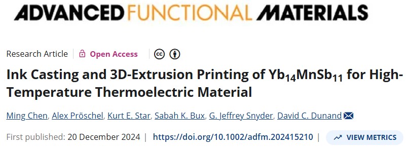 Paper snapshot: Ink Casting and 3D-Extrusion Printing of Yb14MnSb11 for High-Temperature Thermoelectric Material